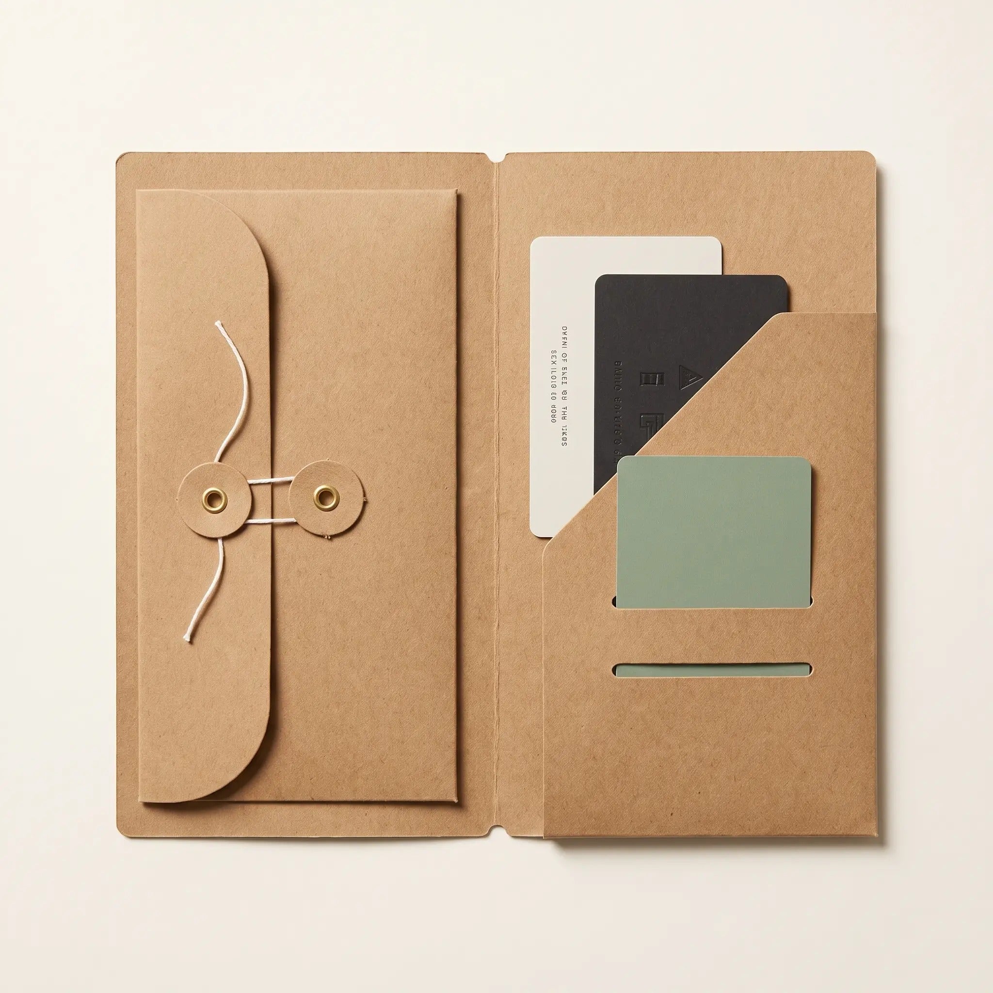 The Card Organizer open, showing the string-tie secure pouch, two card slots, and organizer pouch
